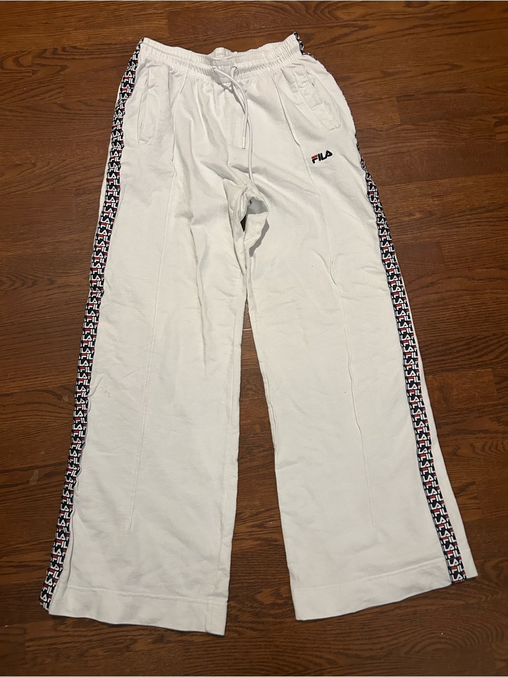 Fila White Track Pants with Black and Red Logo Tape